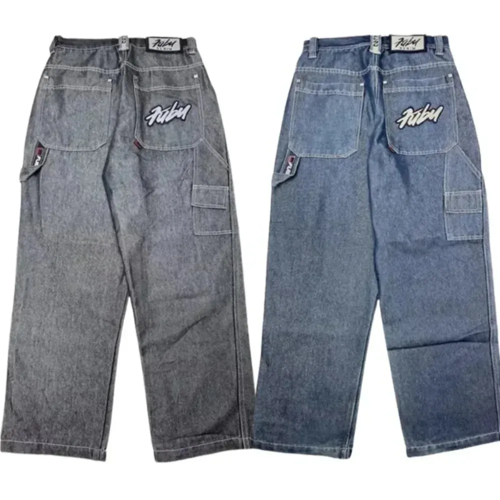 Jeans de rua para homens e mulheres Y2K Harajuku 90s hiphop letras bordadas azul retro solto gótico calças de cintura alta 240321