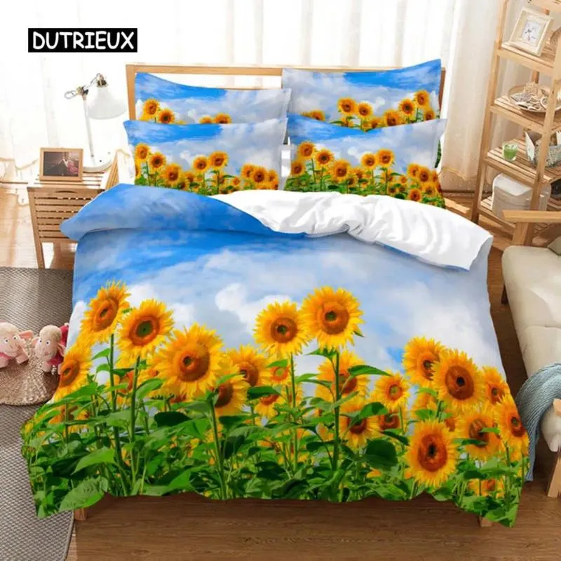 Sängkläder set solros täcke omslag landsbygdslandskap blommor tema uppsättning för kvinnor flickor sovrum festival presenter dekoration