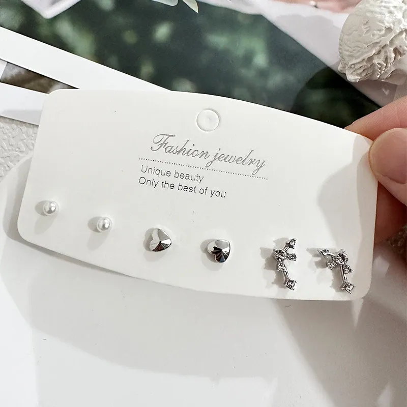 Stud Earrings 3PRS/SET Small Silver Color Exquisite Pearl Heart Crystal Cute For Girls Women Cartilage Piercing Earring