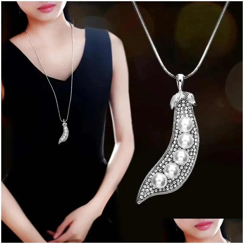 Collane con ciondolo Catena per maglioni Collana di piselli con strass di perle simil per le donne Accessori per abiti con gioielli per feste Pendenti con consegna a goccia Dhzhr