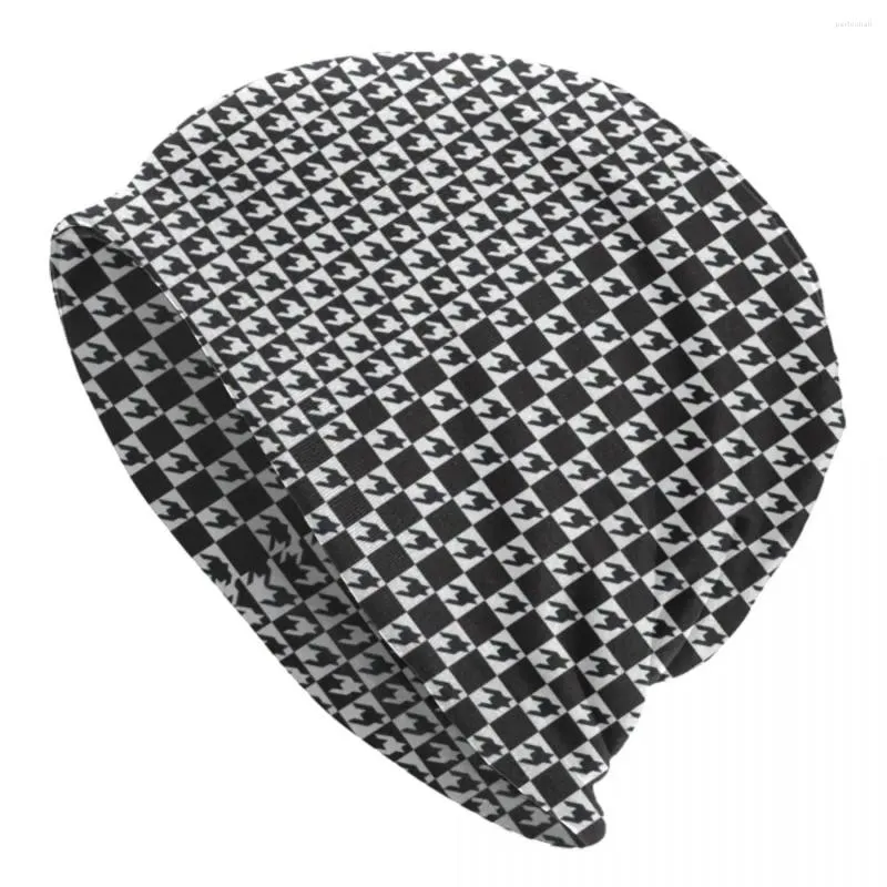 BERETS HUNDSTOTHチェッカーパターンスカリービーニーキャップユニセックス冬の温かい編み帽子モダンな黒い白い幾何学ボンネットハット