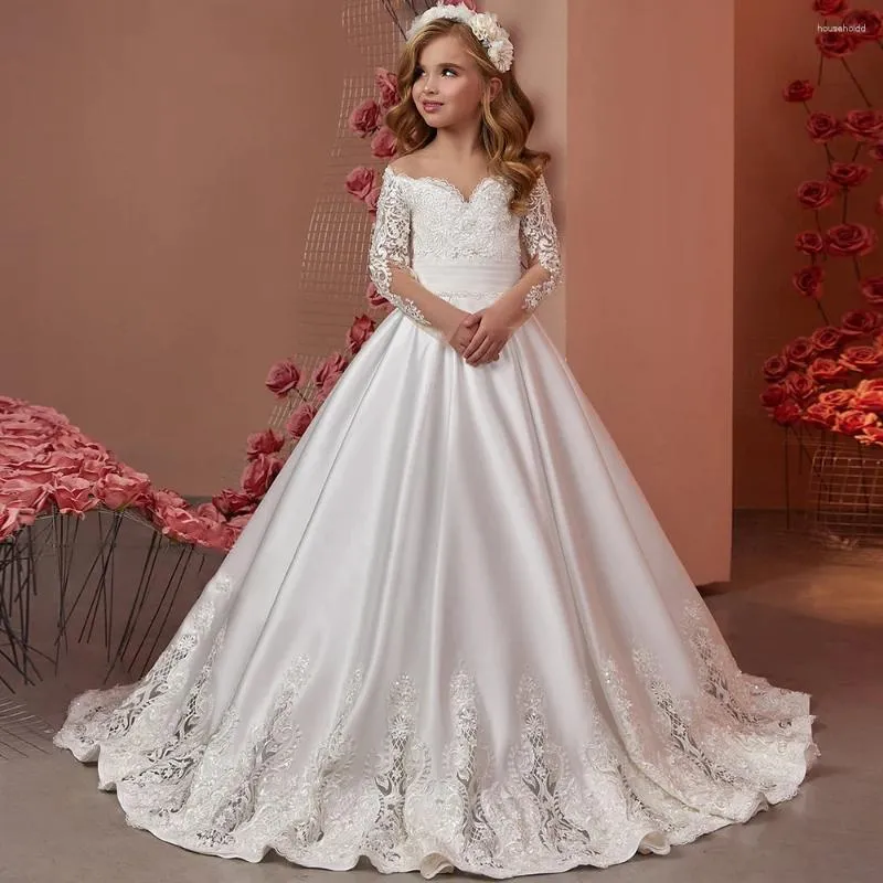 Girl Dresses White Lace Flower Satin Off Shoulder Puffy Floor Length Elegant Kids Wedding Party Dress Birthday Evening Ball Gown