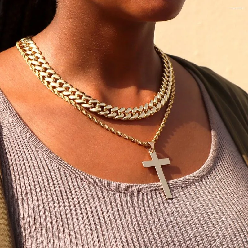 Chains 2Pcs Stainless Steel Rope Chain Christian Cross Necklace Women Men 13MM Metal Cuban Link Punk Hip Hop Jewelry