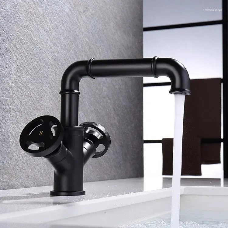 Rubinetti per lavabo da bagno Rubinetto in ottone nero opaco stile industriale Rubinetto monoforo con due maniglie Acqua fredda