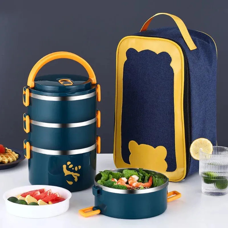 1-4Layer en acier inoxydable Bento Box Set Cartoon enfant adulte école bureau alimentaire conteneur de stockage en plein air Camping pique-nique boîte à déjeuner 240307