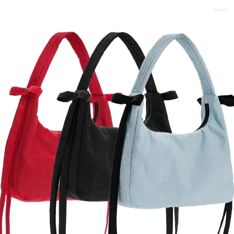 Storage Bags Bow Design Nylon Handbag 2024 Spring Women Casual Solid Underarm Bag Sweet Trend Ladies Simple Vintage Shoulder