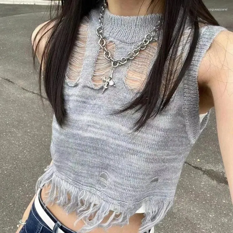 Women's Tanks American Sleeveless Vest Sexy Y2K Tops High Street Hip Hop Torn Tassel Knit Women Summer Korean Fashion Streetwear Crop Top