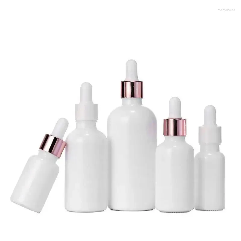 Depolama Şişeleri 15 PCS İnci Beyaz Cam Damlalı Flakonlar Üst Gül Altın Yüzük Boş Uçucu Yağ Doldurma Şişesi 10ml 15ml 20ml 30ml 50ml 100ml