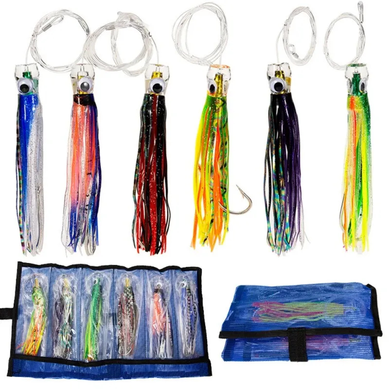 6st Fishing Trolling Lures för Marlin Tuna Mahi bläckfisk bläckfisk kjol bete 65 tum silikon högt kolstål stora fiskar 240313