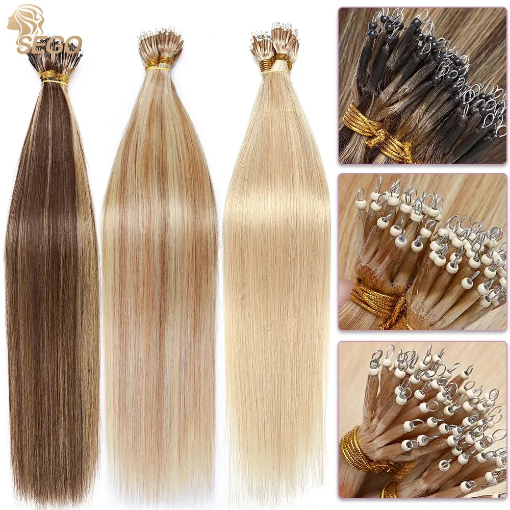 Extensões Sego 1G/S 50 fios reais Human Human Nano Ring Hair Extensions Machine Remy Micro -contas retas de miçangas reta Nano Tip 16''24 '' '