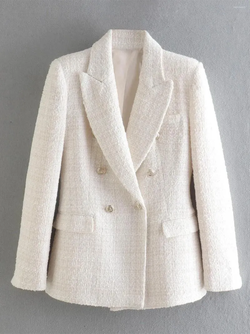 Damenanzüge Beige Tweed Frauen Blazer Jacke Büro Dame Einfarbig Zweireiher Button Up Mantel Lässig Mädchen Streetwear