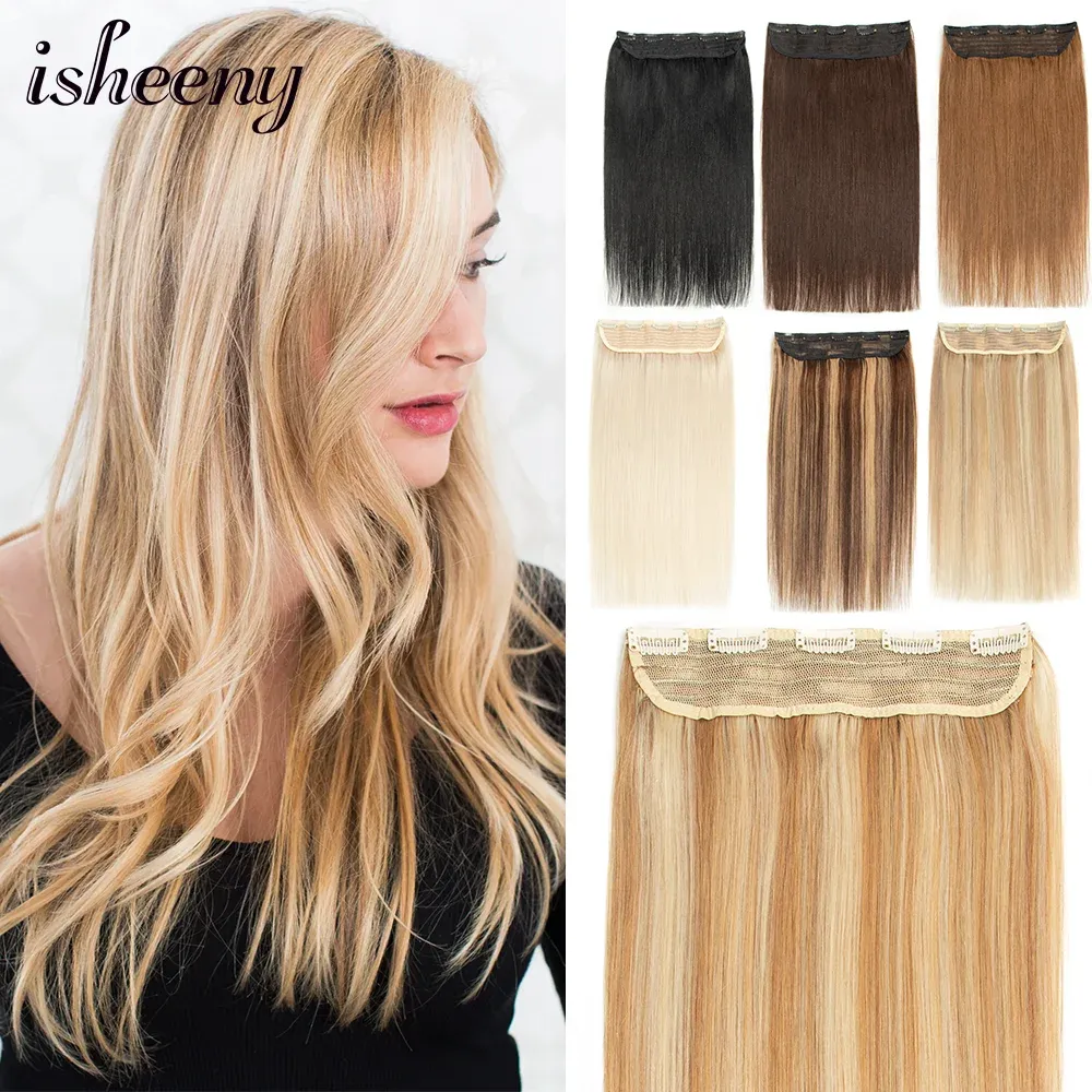 ピースISHEENY HUMAL HAIR EXTENSIONS 14 "22"マシンは、天然のまっすぐなレースの横糸の髪の毛に5つのクリップでレミーヘアクリップを作った