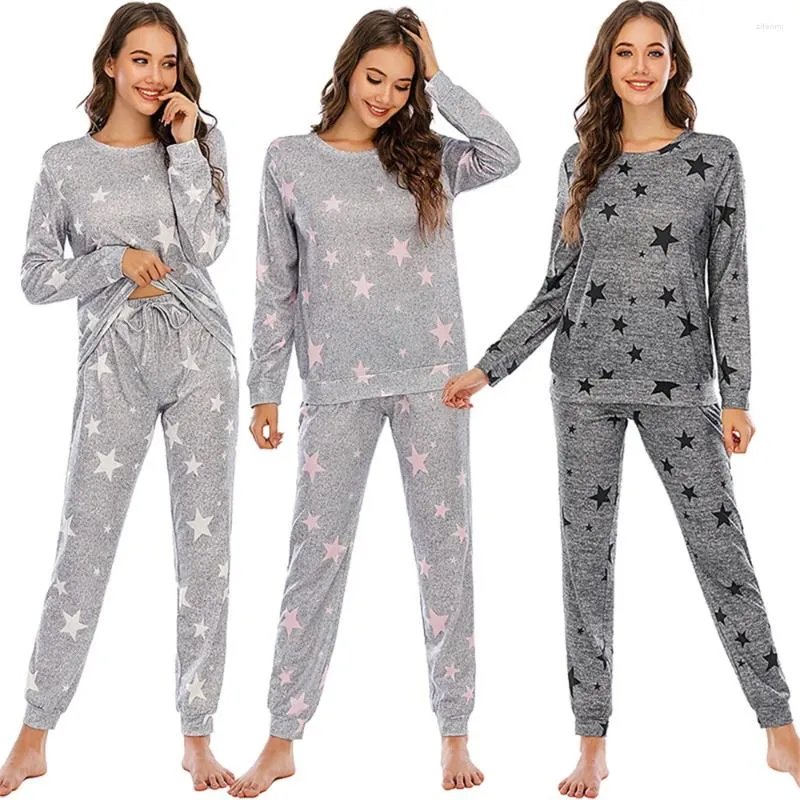 Kadın pijama pijamaları set yıldız baskısı uzun kollu yumuşak pjs salon setleri bayanlar ev kıyafetleri 2 adet gece kıyafetleri pantolon takım elbise