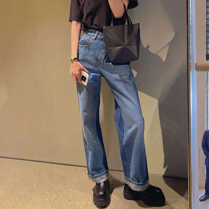 the Correct Version of Celebritys Same Style Lo Slanted Waist Button Design with Contrasting Color Craftsmanship High Waisted Straight Leg Jeans for Women