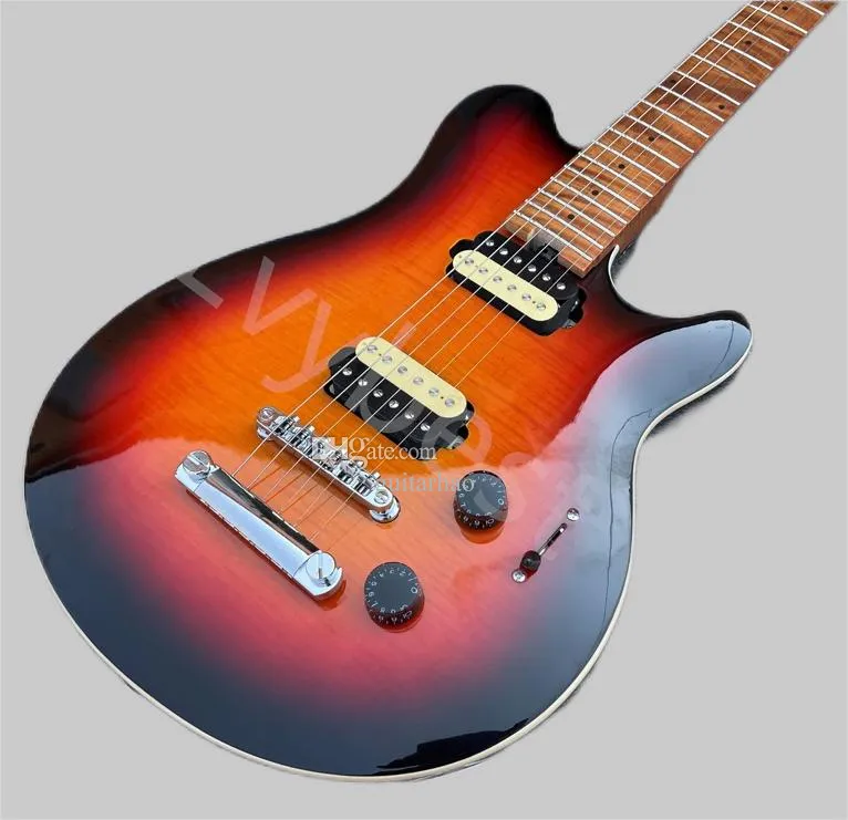 Melhor guitarra elétrica marrom escuro chama explosiva top torrado pescoço de bordo e escala corpo grosso mapa com efeitos de spray