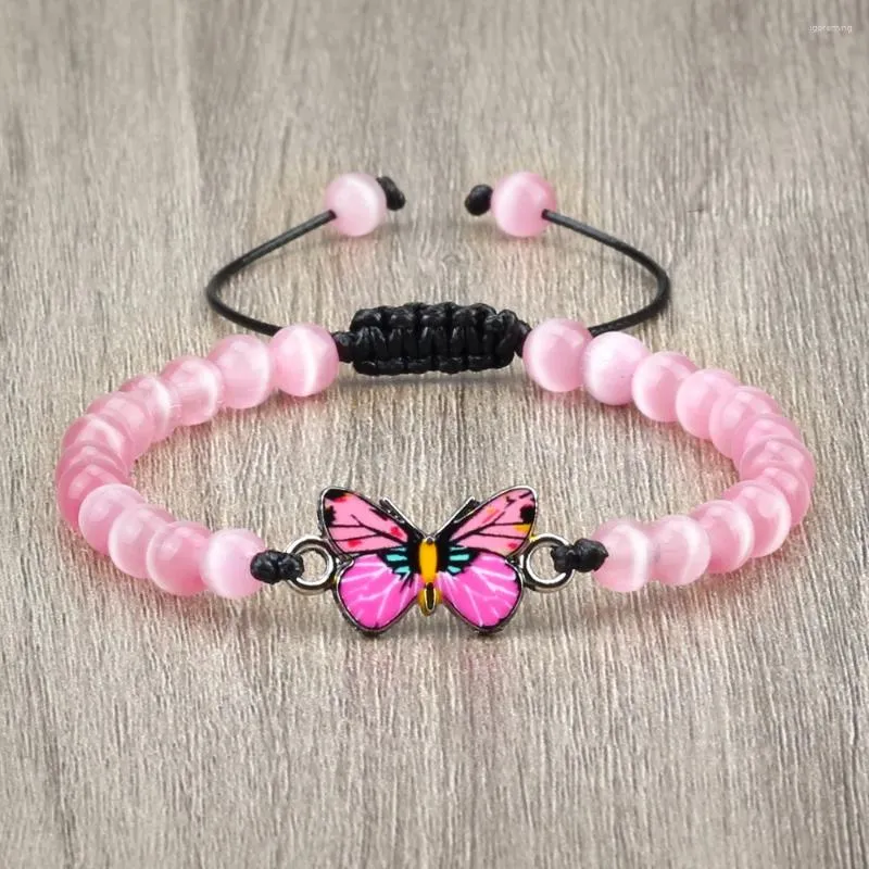 Strand Charm Women Pink Butterfly Bracelet 6mm Natural Tiger Stone Black Lava Onyx Beads Bracelets & Bangles Handmade Men Wrist Jewelry