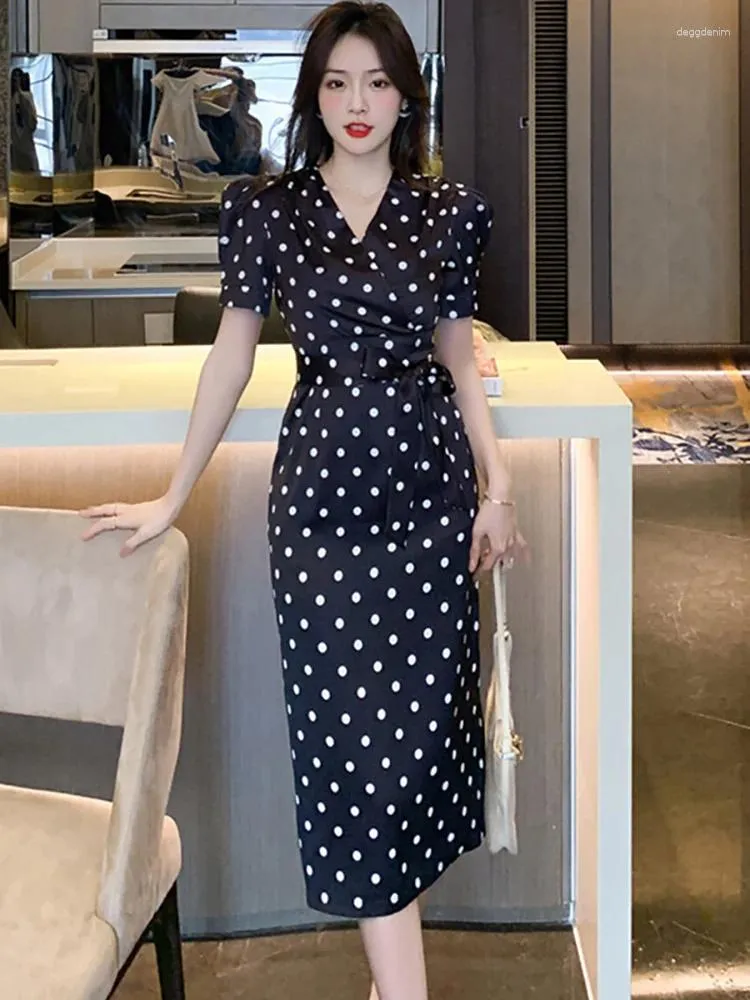 Festklänningar 2024 Black Polka Dot Chic Satin Luxury Long Dress Elegant Women's For Summer Short Sleeve Bow Bodycon Prom Clothes