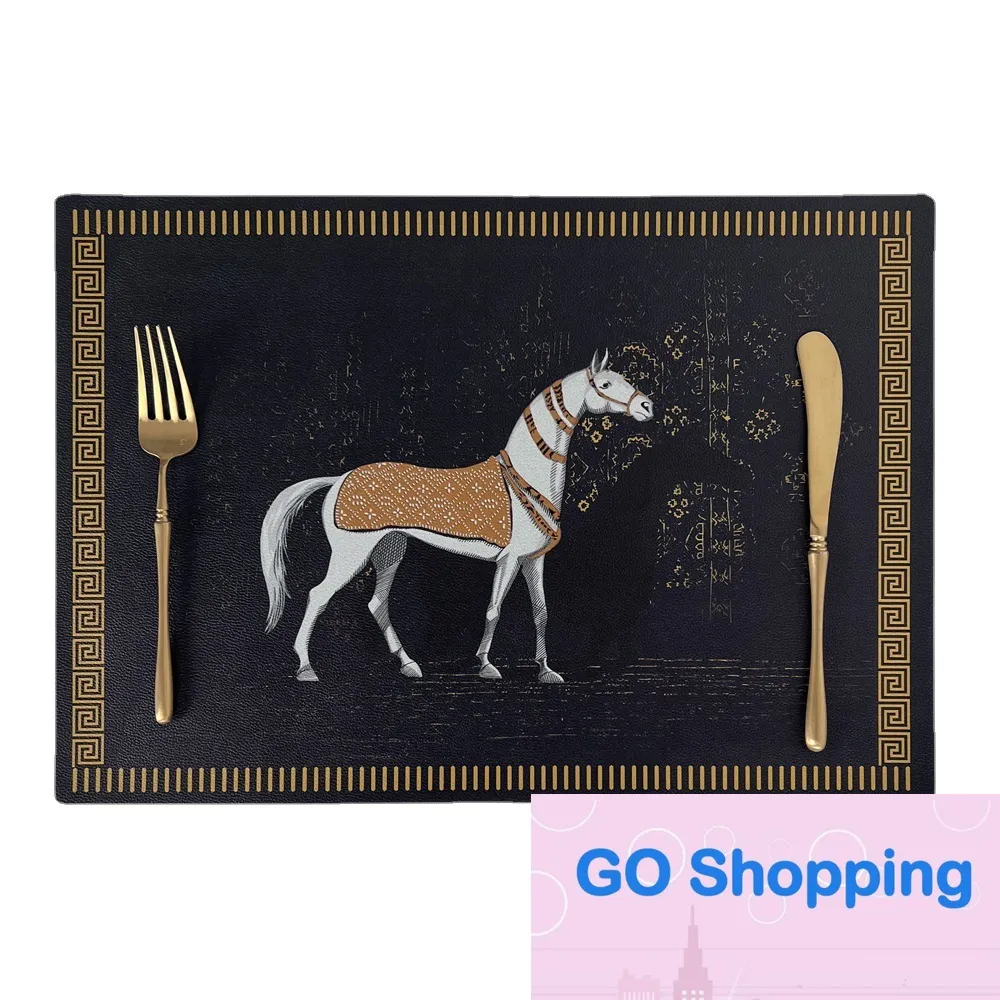 Designer Mild Luxury Retro Tang's Horse Printed Dining Table Placemat Waterproof Oil-Proof Leather Western-Style Placemat Table Mats