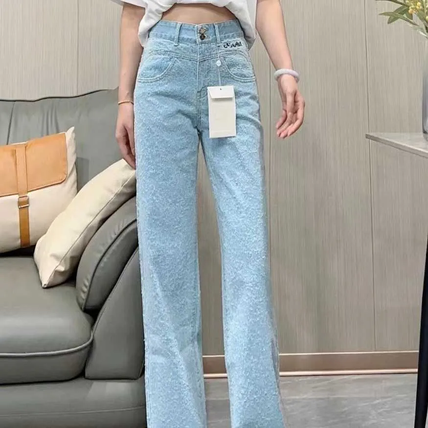 Nanyou högkvalitativ xiaoxiang broderi bantning rakt fit womens denim byxor korrekt version