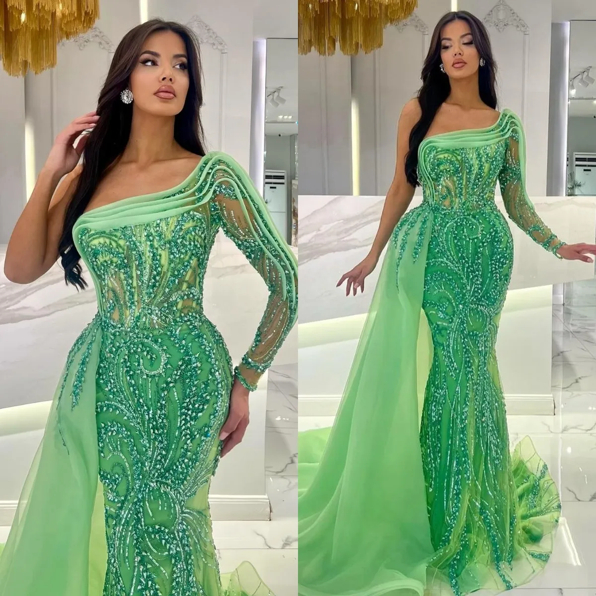 Dubai Arabic Green Sirène Robes de soirée avec sur-jupeur One épaule Robe de bal formelle perle en dentelle Robe de tapis rouge volant robe de soirée