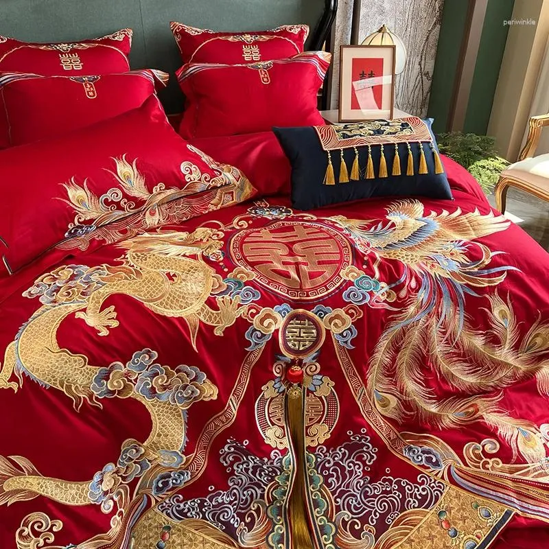 Bettwäsche-Sets Chinesisches Luxus-Hochzeitsset 1000TC ägyptische Baumwolle Gold Loong Phoenix Stickerei Bettbezug Bettlaken Kissenbezüge 9-tlg