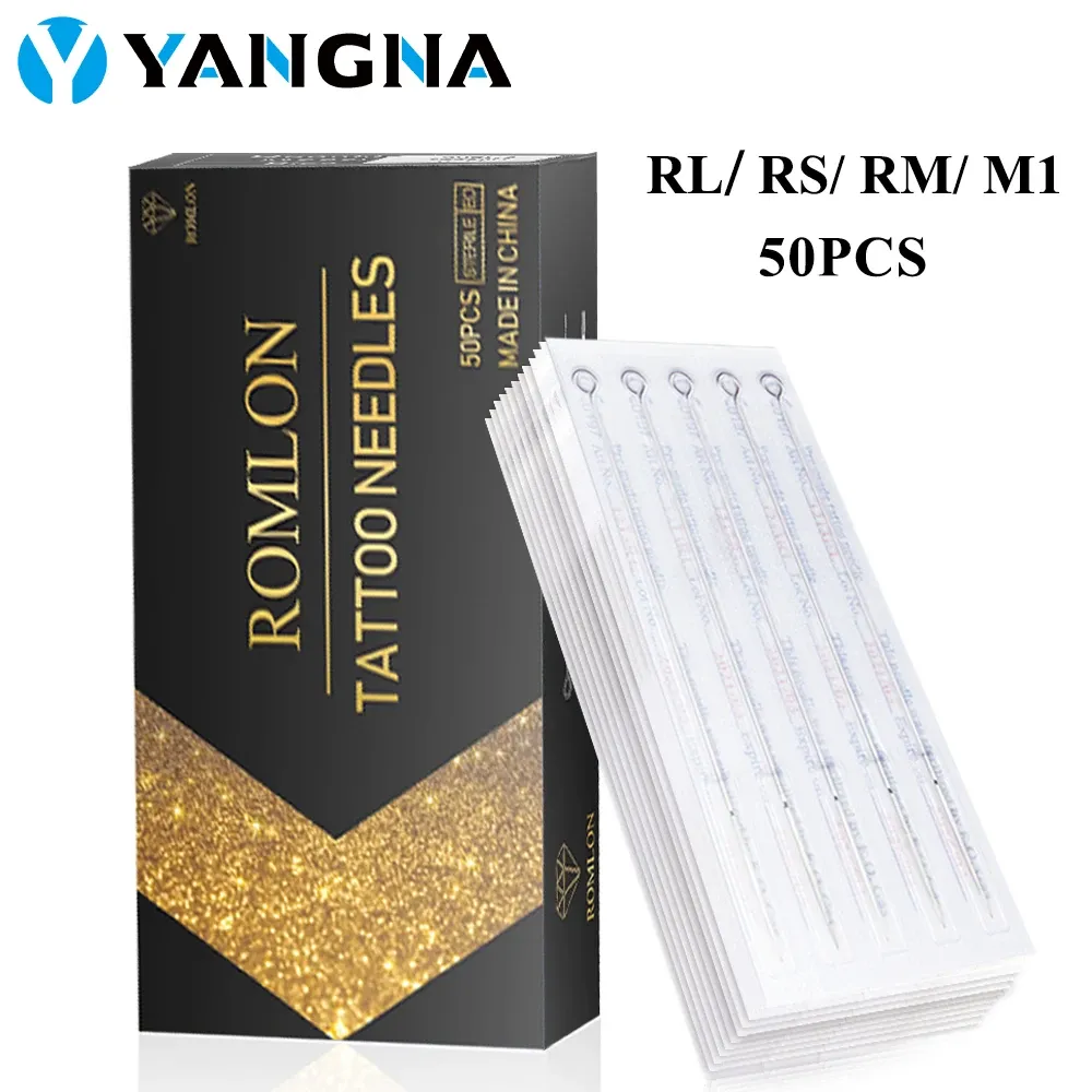 Needles ROMLON Tattoo Needles 50Pcs RL/RS/RM/M1 Disposable Sterilized Stainless Steel Tattoo Machine Needles for Makeup Tattoo Supplies