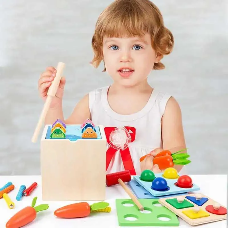 Sortowanie gniazdowania zabawki 5-w-1 Montessori Zabawki drewniane zabawki Zestaw odpowiedni dla chłopców i dziewcząt w wieku powyżej 1 roku przedszkola kolor 240323