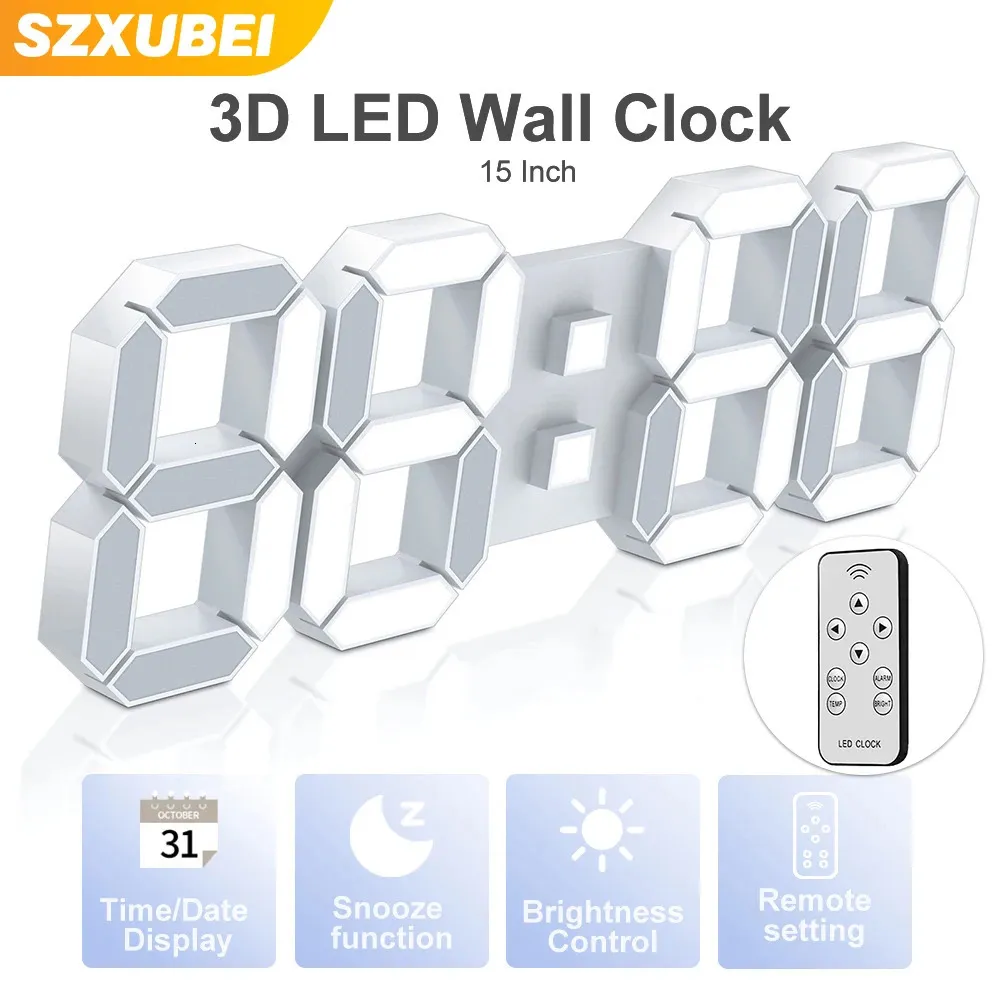 3D-LED-Wanduhr, groß, digital, mit Fernbedienung, Alarm, Zeit, Datum, Temperatur, Anzeigetisch, modernes Design 240320