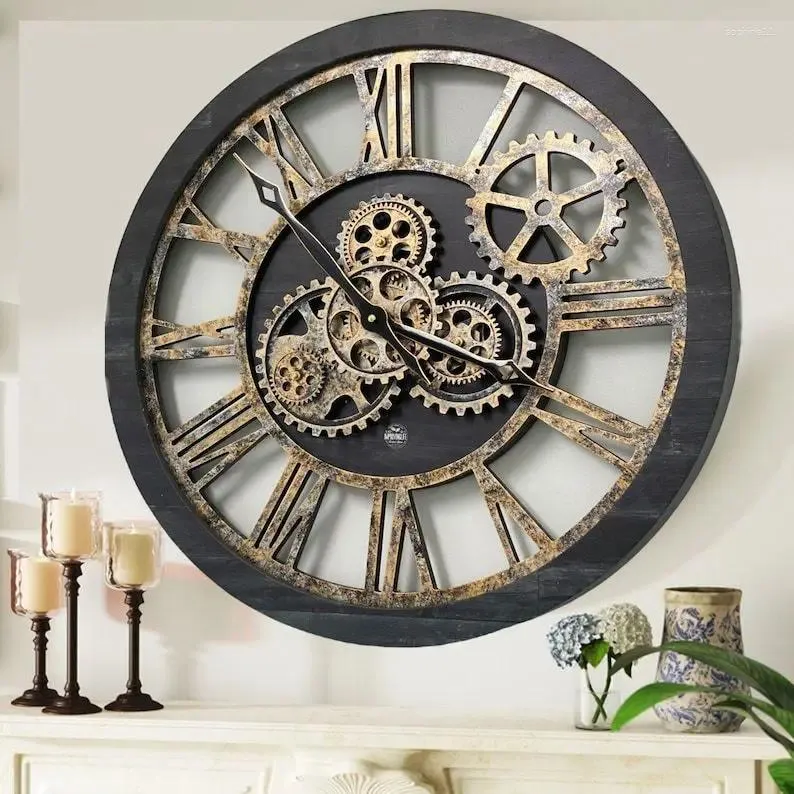 Väggklockor mode industriell retro do Old Rust Gear Big Clock Home Decoration American