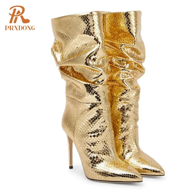 Boots 2022 New Fashion Autumn Winter Women's Short Boots Shoes Sexy High Heels Pointed Toe Black Gold Dress Party Lady Mid Calf Boots