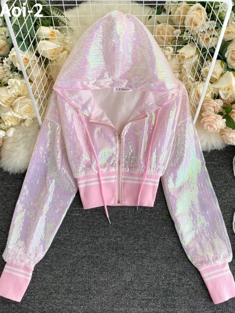 Women's Jackets Fashion Ins Sequin Coat Women 2024 Spring/Summer Blingbling Hooded Korean Slim-Fit Short Cardigan Blazer Top