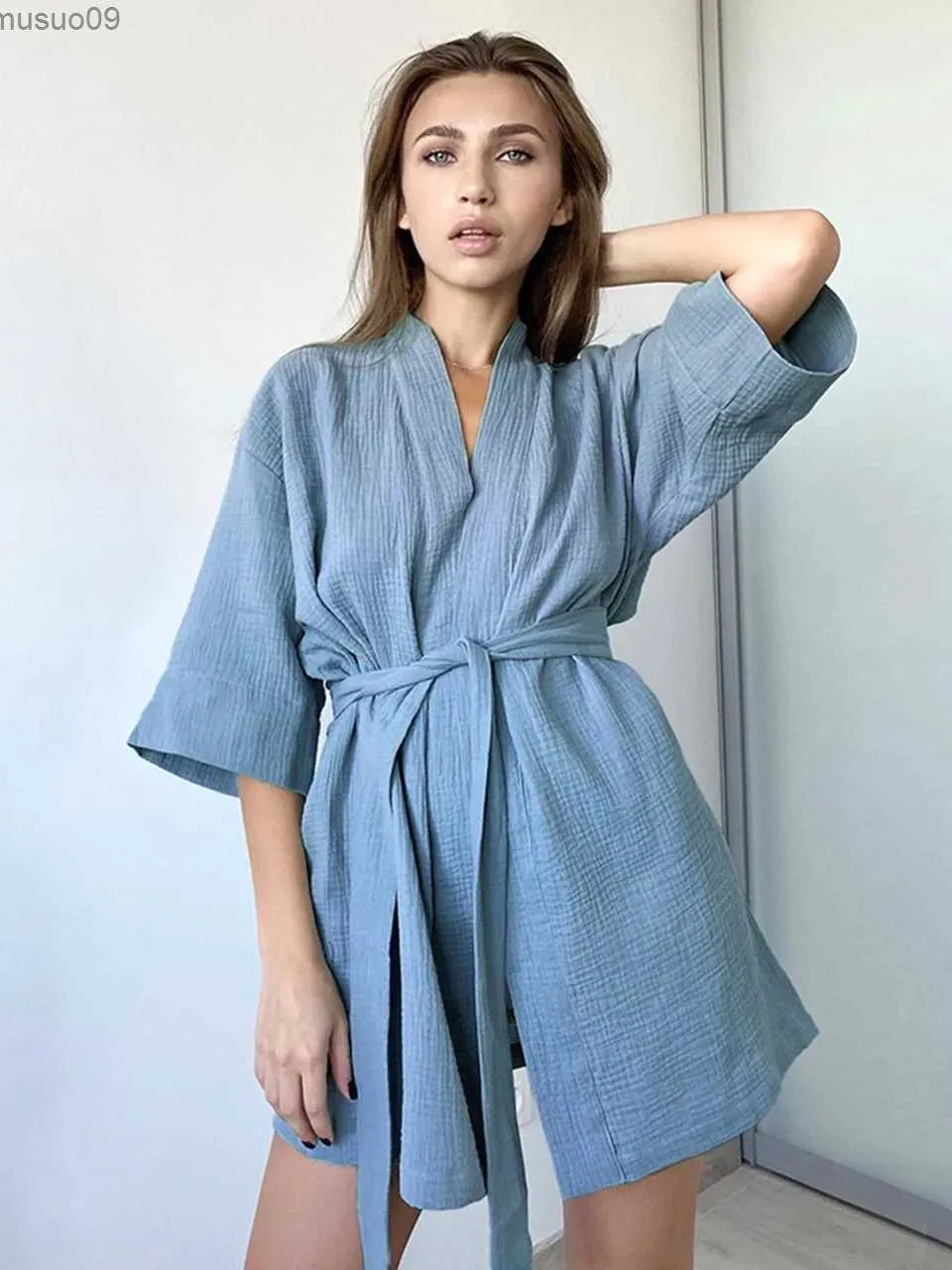 Vêtements maison Crape Cotton Robe Womens Pyjamas Mini salle de bain Pyjamas Plain Womens Home Vêtements Couleur solide Pajamas Femmes Pajamasl2403