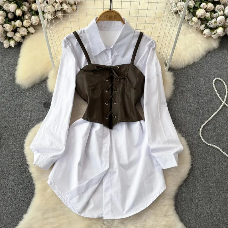 Casual Dresses Women Vintage Shirt Dress Set Solid Long Sleeve One Breasted White T-Shirt Spaghetti Strap PU String Vest 2st Kvinna