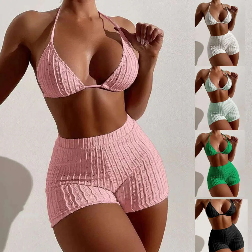 2024 yeni bikini bölünmüş düz renkli mayo yüksek bel düz köşe pantolon gösterge ince bikini seksi