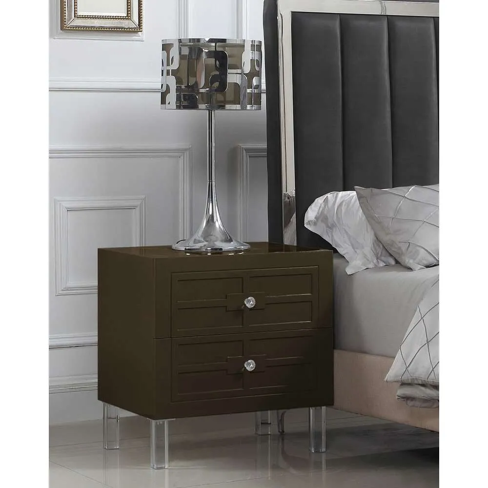 Iconic Home Naples Bedside Table with 2 Self Closing Drawers, Painted Acrylic Knob Legs, Modern Brown Color