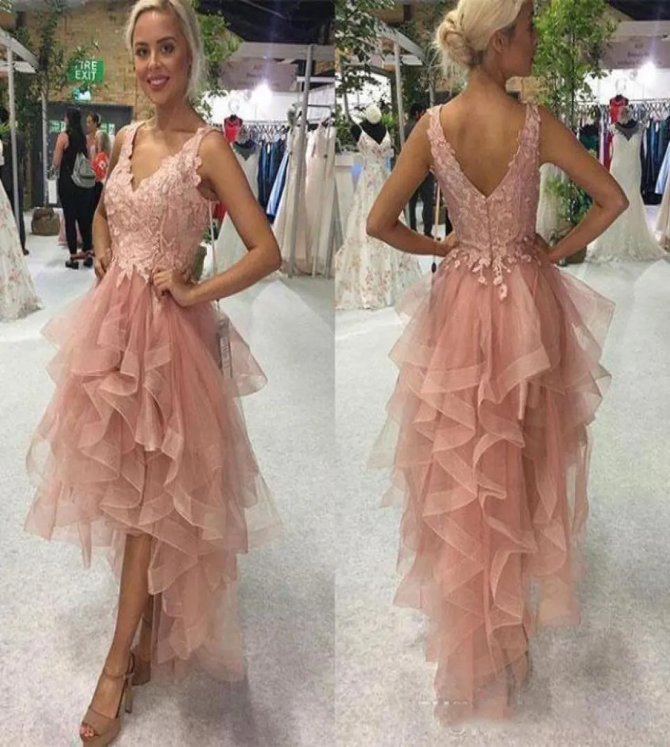 Front Short Long Back A Line Sweetheart High Low Homecoming Dresses Light Pink Tiered Tulle Lace Top Sexy Prom Cocktail Dresses1243303