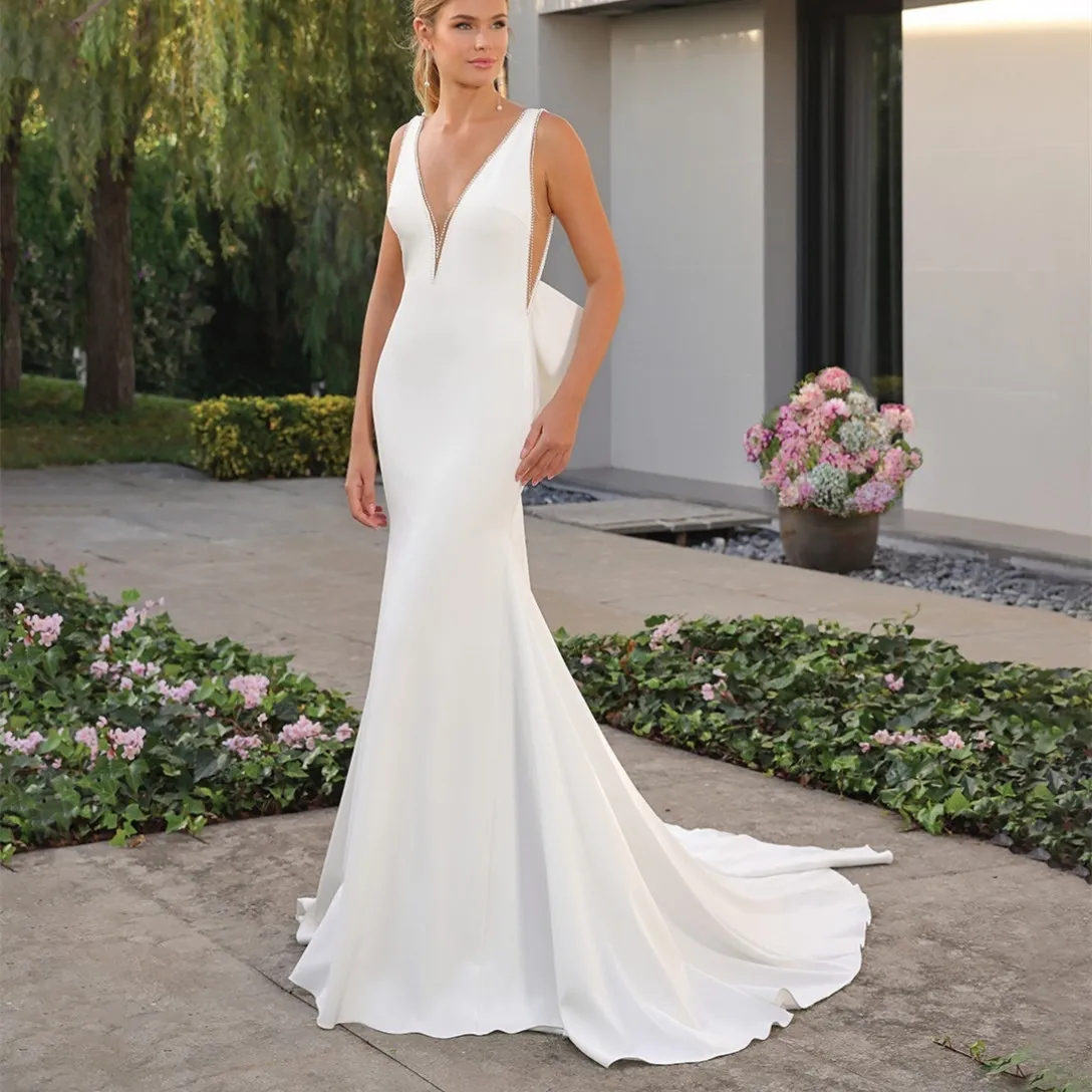 Vintage Long Crepe V-hals Gerarde trouwjurken met boog zeemeermin Ivory Zipper Back Sweep Train Vestidos de Novia Abendkleider Bridal Jurys for Women