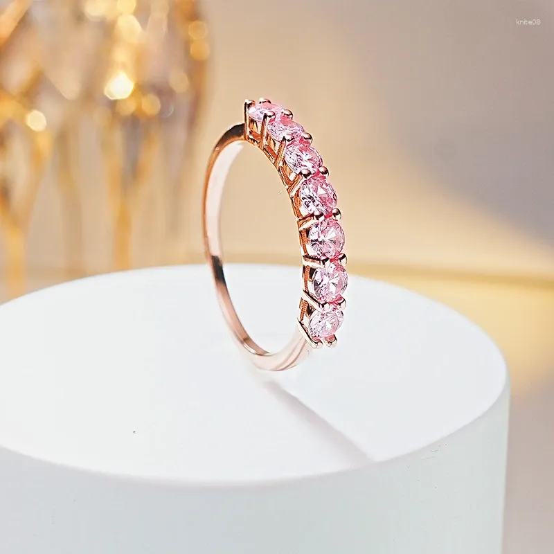 Clusterringen Zoete roze diamant 925 zilveren rijringset met hoog koolstofverguld roségoud Veelzijdig voor dames