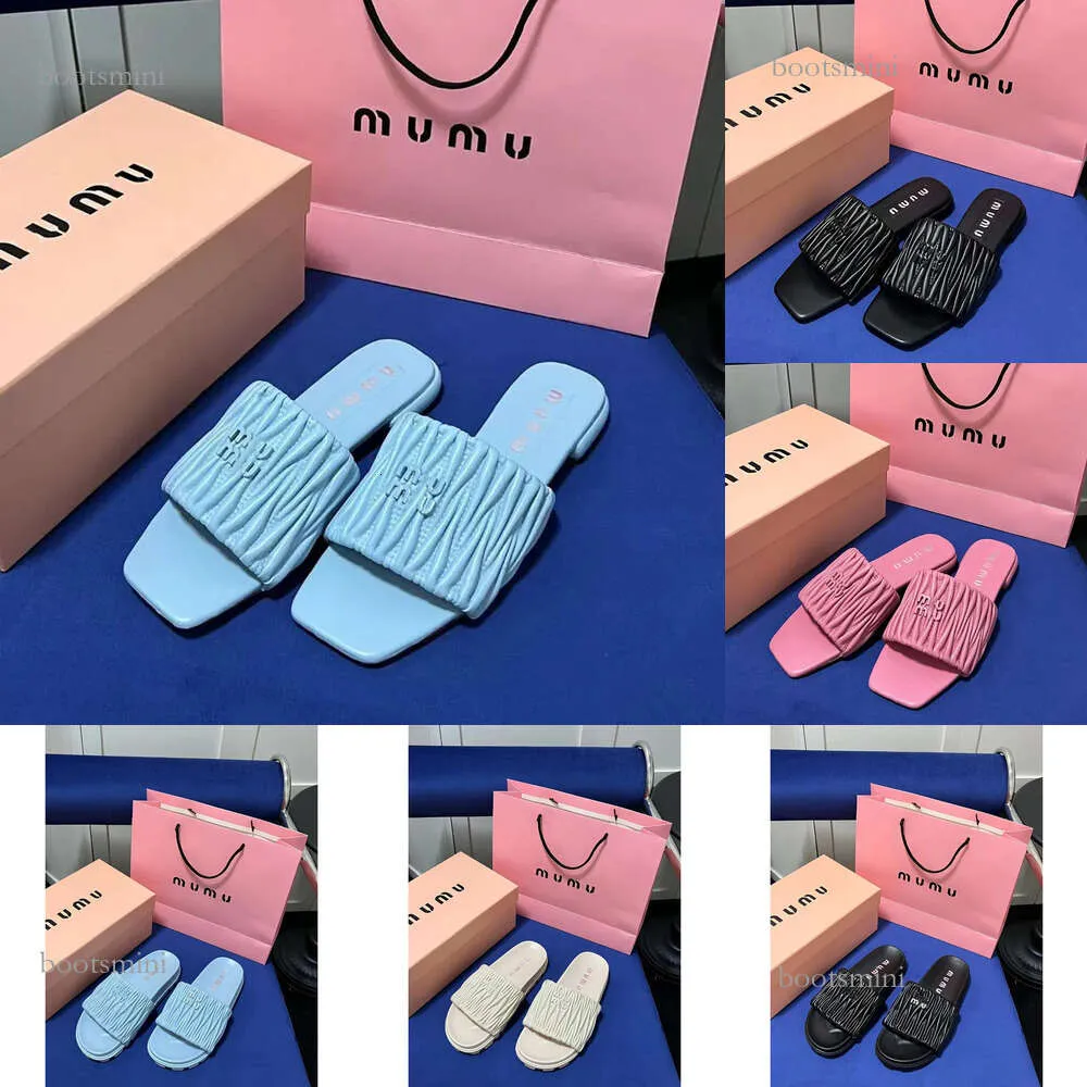 2024 YENİ 10A En Kaliteli Kadınlar Miui Sandalet Dhgate Tasarımcı Kaydırıcıları Vintage Terlik Yaz Mius Düz Topuk Loafer Erkekler Siyah Flip Flop Deri Katır Lüks Slip-On