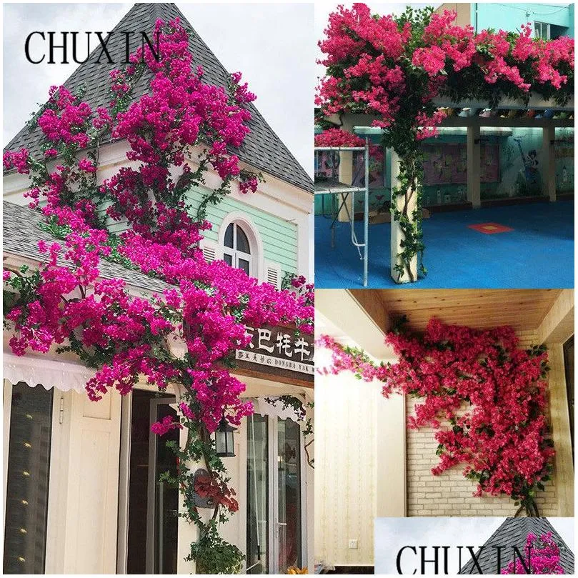 Faux Floral Greenery Bougainvillea sztuczny kwiat Rattan Zielone rośliny Zestaw Wedding Home Decor Bat Tłok układ ściany Inżynier ottyl