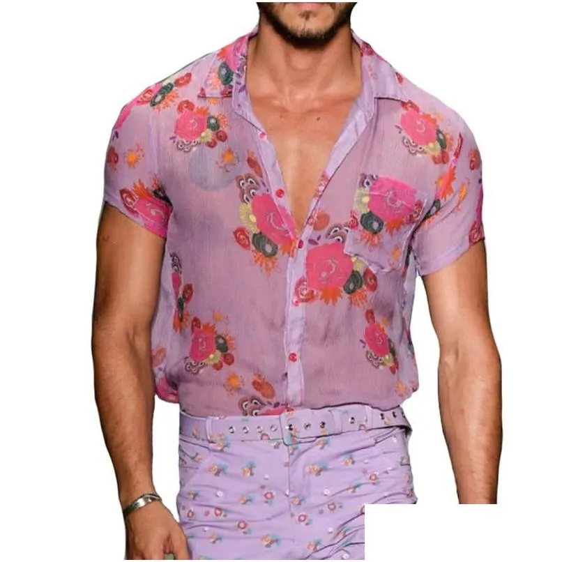 Herrklänningskjortor Mens Mänskjorta genomskinliga lapel Top Loose Flower Printed Short Sleeve-knappar andningsbara kappor släpper leverans en dh2nb