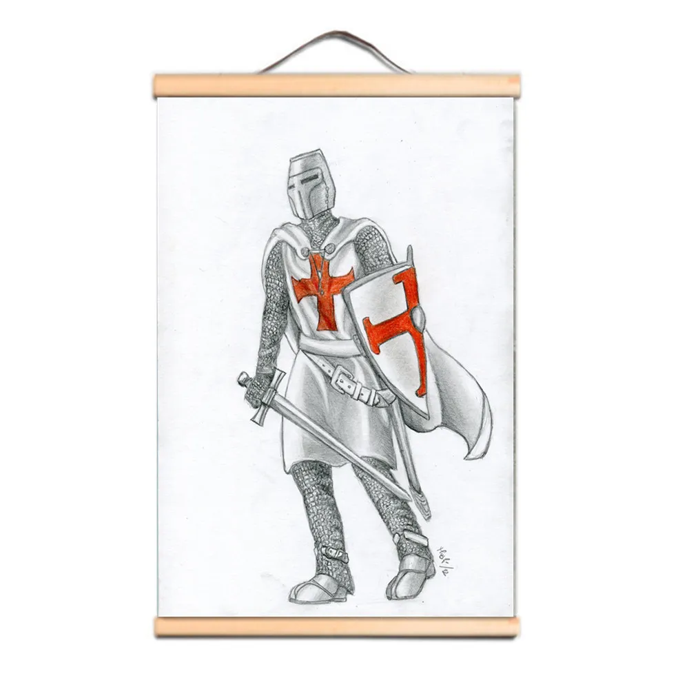 Vintage Knights Templar Wall Art Plakaty krucjaty zbroi wojownik ściany wiszący zwoju z litym drewnianym osi najlepszy prezent CD34