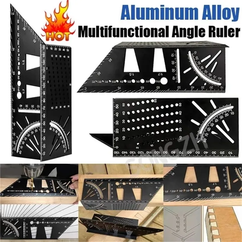 Multifunktionell vinkelstyrare 45 90 graders aluminiumlegering Exakt träbearbetning Square Vinkel Linjal Markeringsmätare Carpenter Tool 240307