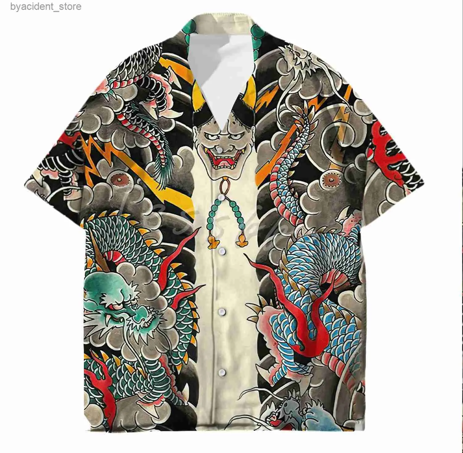 Mäns avslappnade skjortor tessffel samurai japansk tatuering 3d tryckt herr hawaiian strandskjorta fashionabla sommar harajuku casual överdimensionerade gatekläder l240320