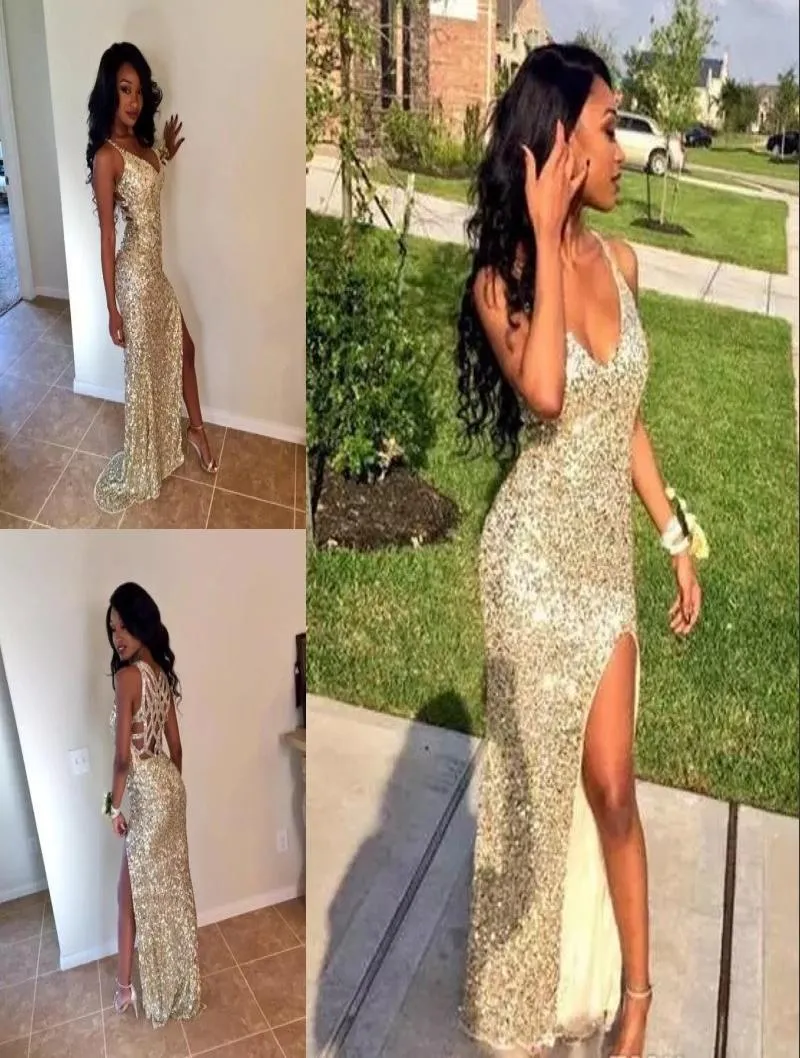 Sexy paillettes oro Arabic Prom Party Dresses V Neck High Flit Mermaid senza schiena Plus Size African African Wear Gowns Real Pict4502957