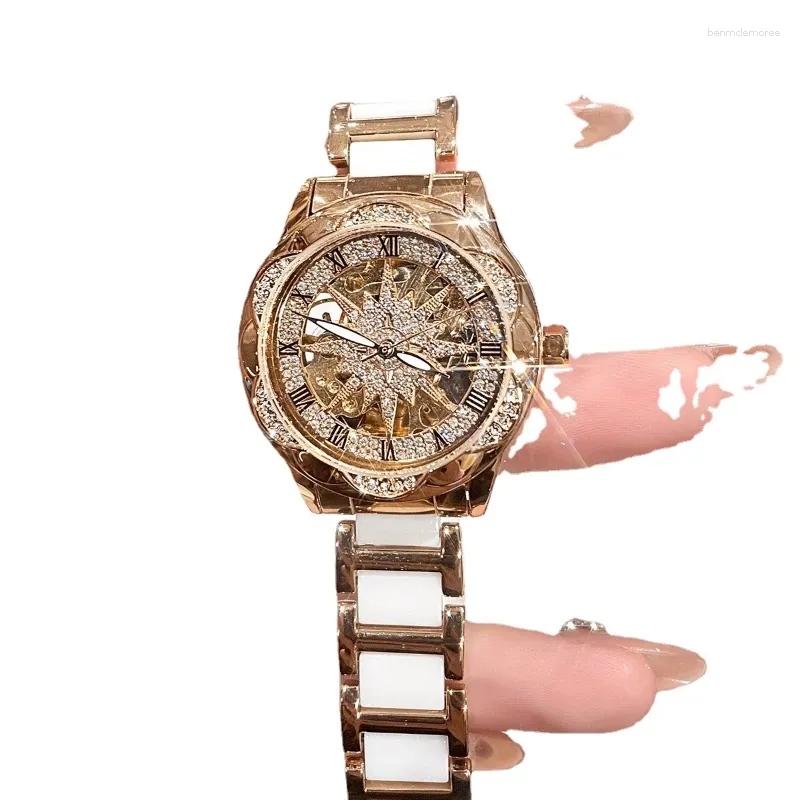 Наручные часы Часы с подсолнухом Для женщин Нишевые легкие Роскошные Жен. Механические Модные Инкрустация бриллиантами