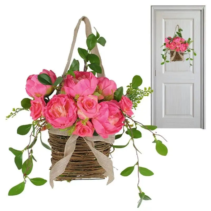Dekorative Blumen, Blumenkranz für Tür, kreativer rosa Hängekorb, Bauernhaus, Willkommensdekoration, Frühlingsfest, Ornamente, künstlich