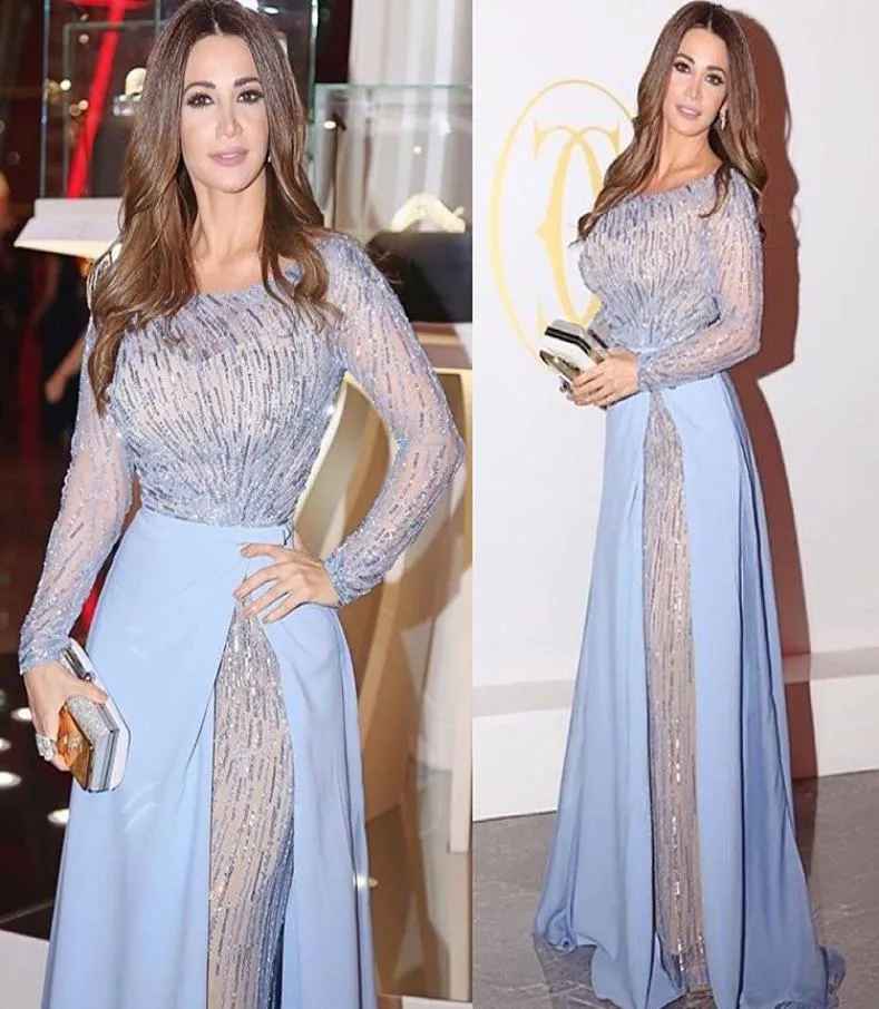 Light Blue Evening Dresses Full Beads 2017 Side Split with Long Sheer Sleeves Floor Length Saudi Arabic Styke Prom Gowns5109281