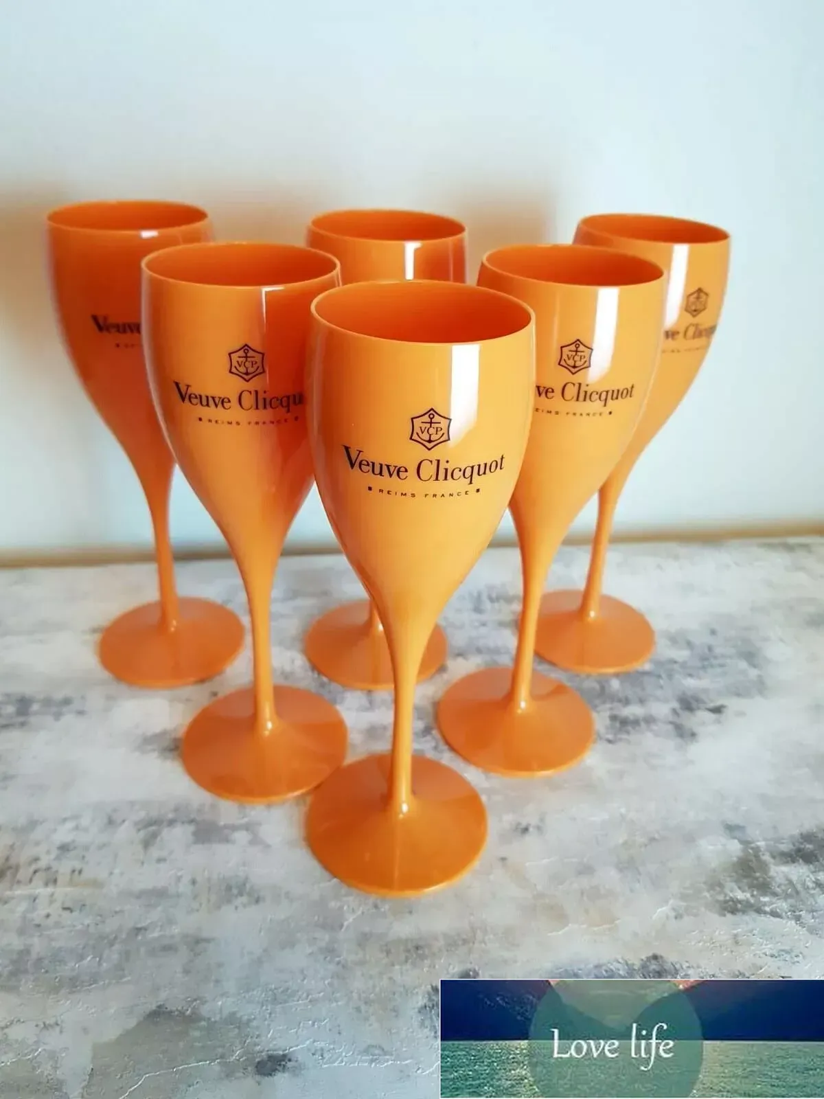 Hochwertige 6 x Veuve Clicquot Acryl-Kunststoff-Champagner-Orangengläser, Weingläser, 180 ml