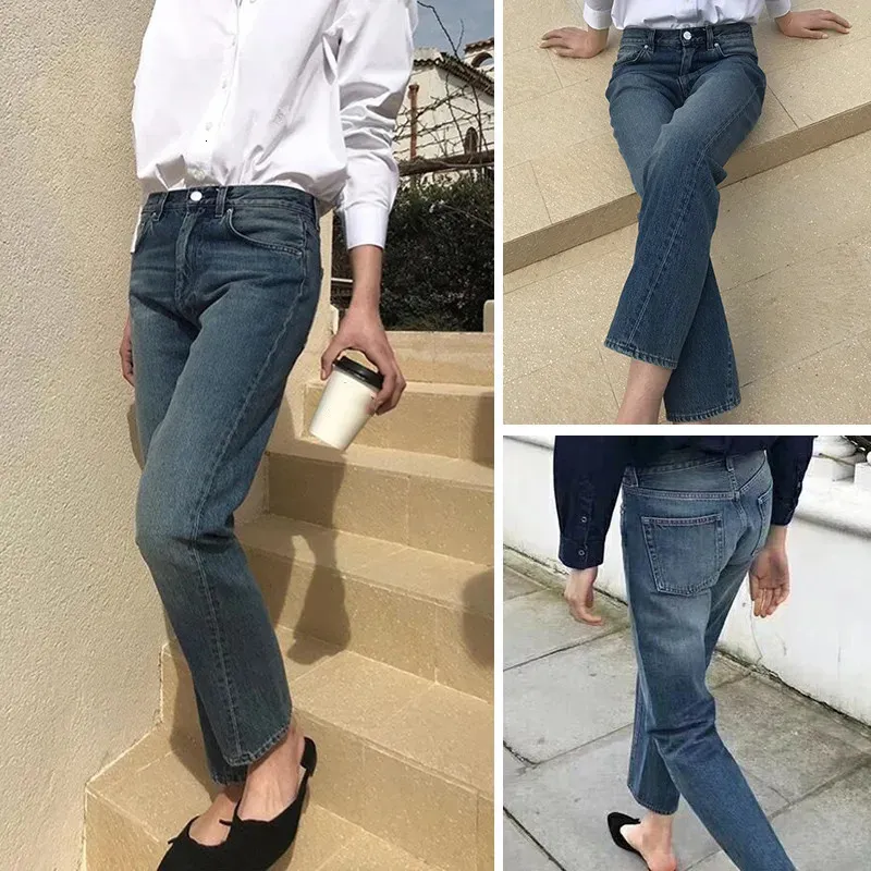 Unregelmäßige verkürzte Jeans für Damen, klassisch, gerade, hohe Taille, Vintage, einfarbig, knöchellange Damenhose 240315